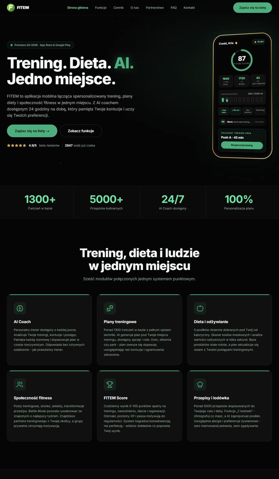 Podgląd strony fitem.pl — landing page aplikacji fitness z trenerem AI